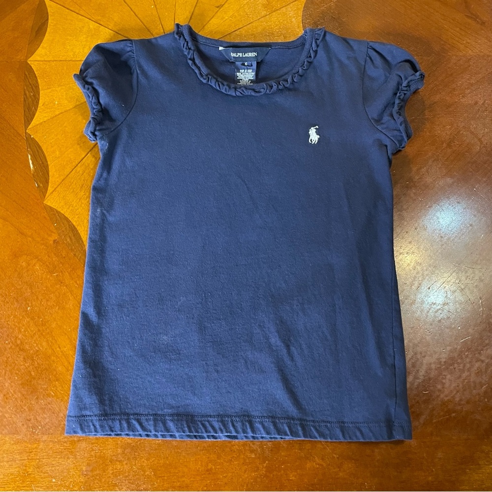 Ralph Lauren Girls Navy Blue Ruffle Short Sleeve Tee 100% cotton